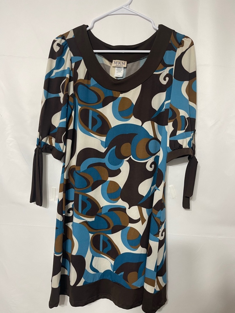 MKM Designs Blue Brown Cream Abstract-Print Midi Dress